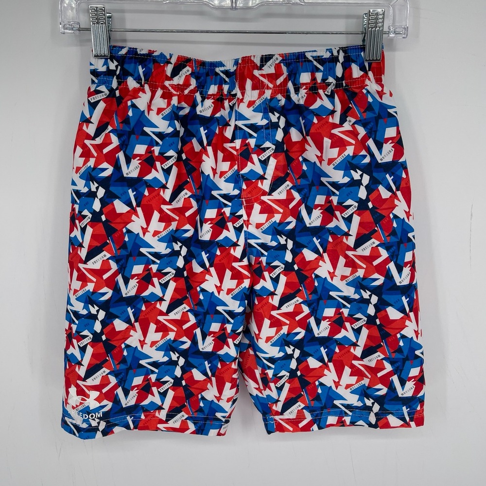 Under Armour Boy's Red White Blue Freedom Geometric Print Swim Trunks Size M